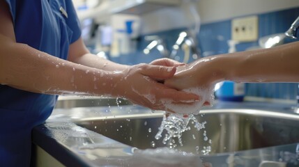 Healthcare professional demonstrating proper hand washing technique in a hospital setting, emphasizing safety and cleanliness