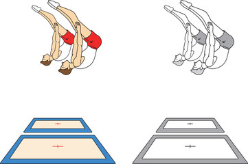 トランポリン競技をする女性アスリートのイラストセット／Illustration set of female athletes playing trampoline competitions