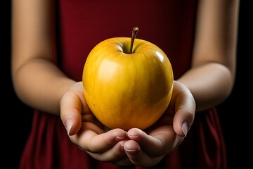 Closeup of female hands holding fresh yellow apple on black background
