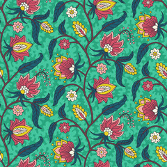 Floral seamless pattern with indian trailing flowers motifs. Persian boho chic repeat background. Tribal textile print.