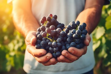 Grapes in the hands of a man in the vineyard