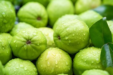 Fresh green guava fruit with water drops on white background, Thailand.