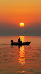 Fisherman at dawn on a calm ocean, silhouette against the rising sun, peaceful and traditional