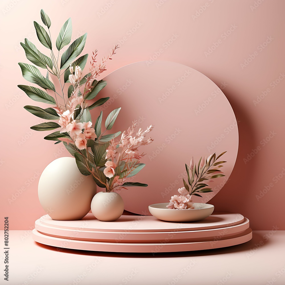 Poster cylinder podiums in soft pink background with paper leaves on column