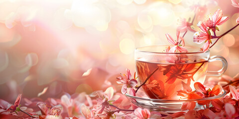 
Cup of tea and spring apricot blossoms on a wooden background, Cup of tea on table with some cherry blossoms
