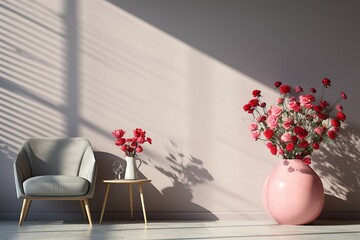Interior of modern living room with armchair and flowers with sunlight.