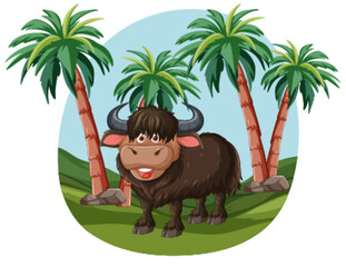 Cartoon buffalo smiling among palm trees.