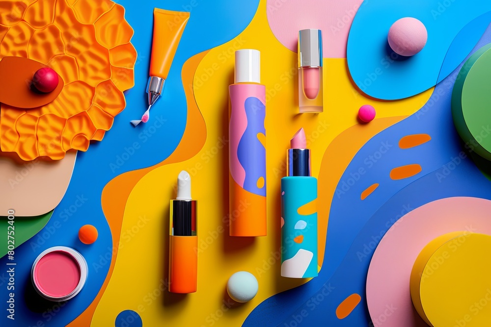 Aufkleber a group of various colored items displayed on a bright and colorful surface. generative ai