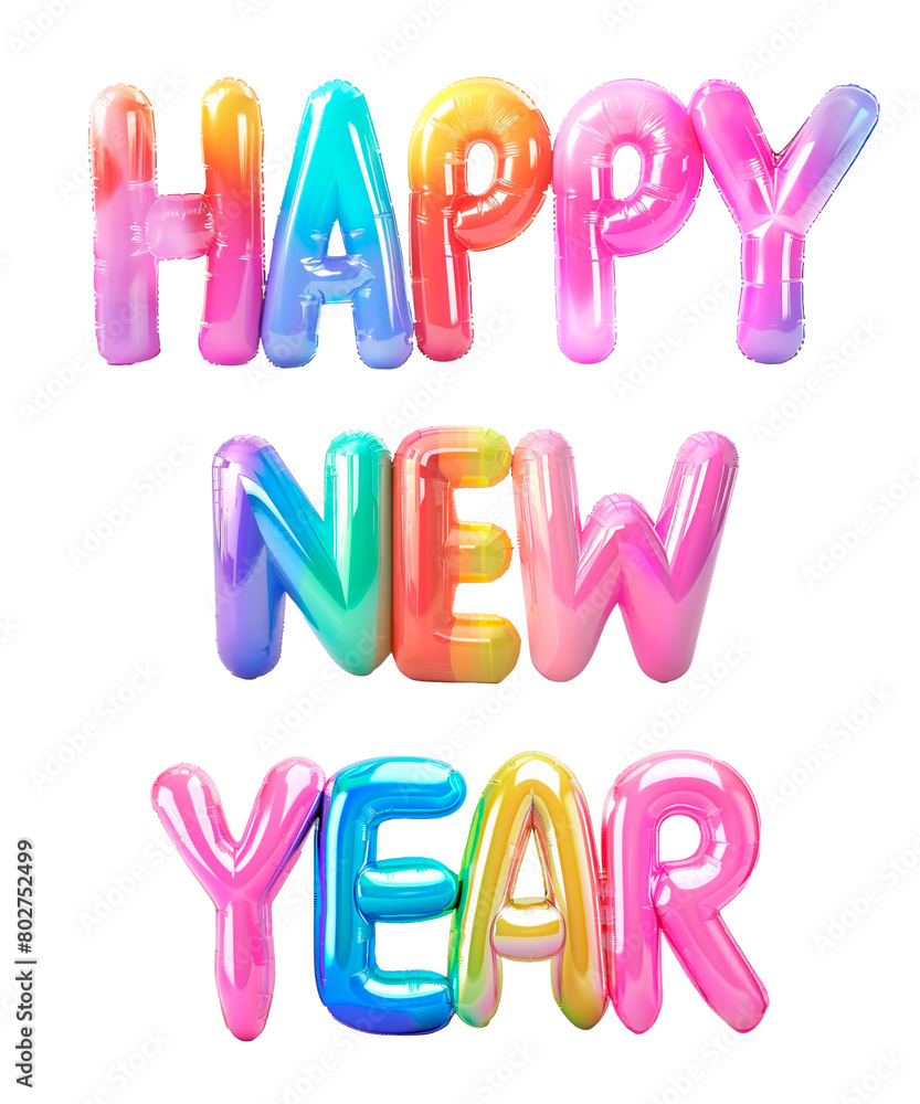 Fototapete happy new year. photo with inflatable neon multicolored letters. minimalistic balloon lettering isol