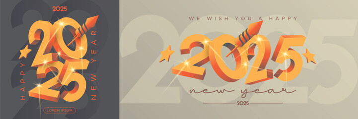 Modern designs of 2025 new year greetings with 3D number, Rocket fireworks and star © Gkpartner