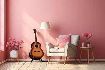Living room with sofa,armchair, guitar and flower.