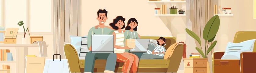 Family happily shopping online from home, laptop displaying Black Friday sales, promoting a comfortable shopping experience