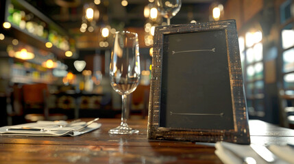 Restaurant black desk for menu. Design for cafe food list. Billboard sign. - obrazy, fototapety, plakaty
