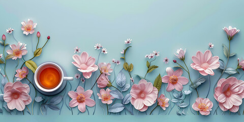 colorful  flowers and a steaming cup of coffee on a vibrant blue background. A cup of tea is on top a white table with floral branches
