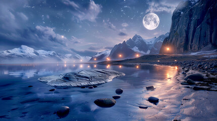 Rocky seashore, sea, lusters and moon lights. Mystery night landscape