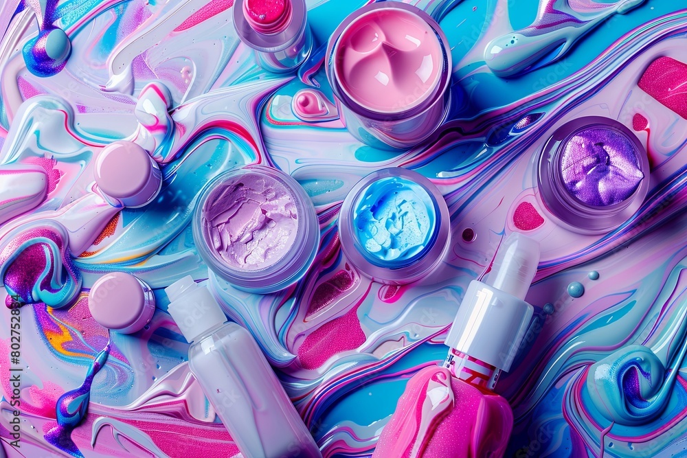Poster close-up view of spilled paint creating a colorful mess on a table, showcasing vibrant hues and text