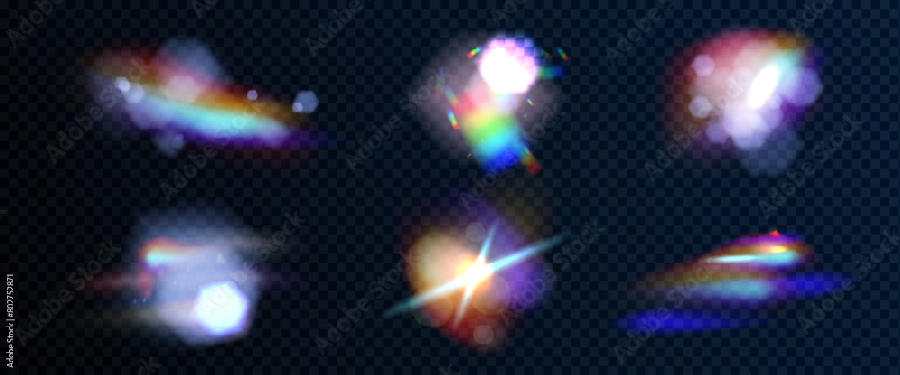 Poster rainbow diamond flare light elements with overlay effect. realistic vector illustration set of cryst