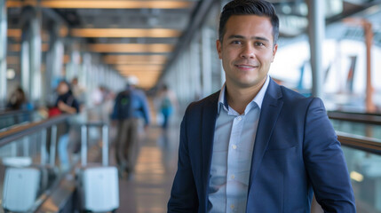 Latino latin American businessman on business trip in a transportation hub such as an airport showcasing resilience and adaptability, the man dedication to his professional responsibilities