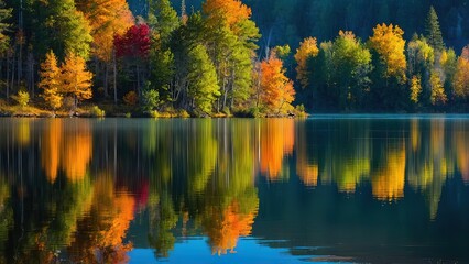A Beautiful Painting of Nature's Tranquil Lake, Nature's Beauty Green Banks and Reflected Trees in a Crystal-Clear Lake, Serene Landscape Trees Reflected on the Crystal Waters of a Beautiful Lake,