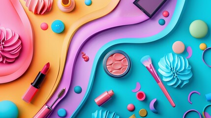 A vibrant background adorned with an array of makeup and accessories in various shapes and colors. Generative AI