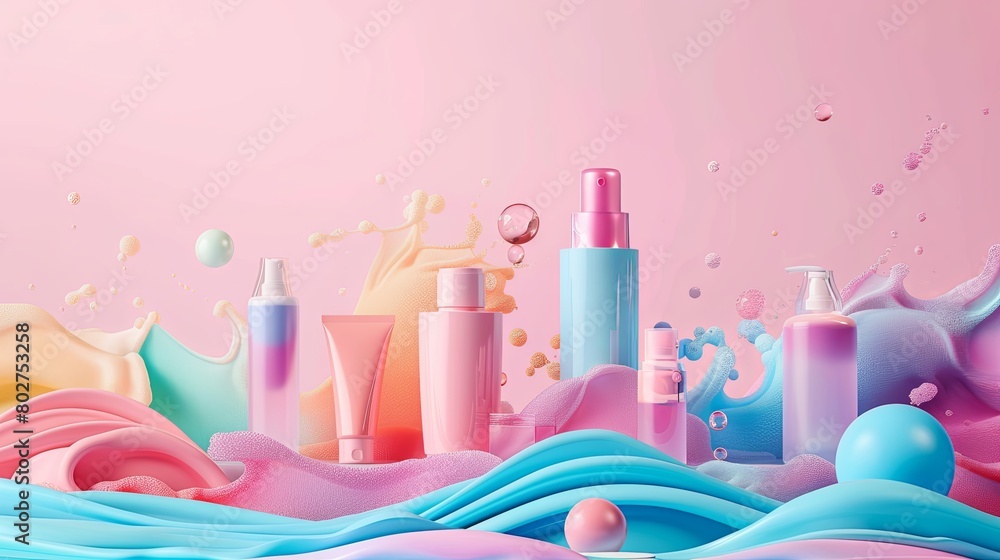 Poster different colored cosmetic bottles arranged together in a group, creating a vibrant and eye-catching