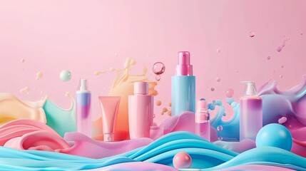 Different colored cosmetic bottles arranged together in a group, creating a vibrant and eye-catching display. Generative AI