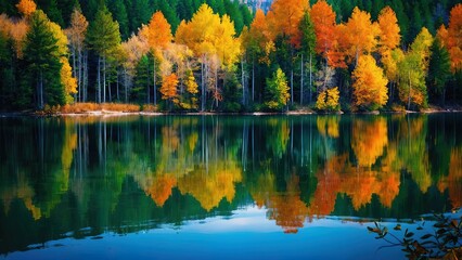 A Beautiful Painting of Nature's Tranquil Lake, Nature's Beauty Green Banks and Reflected Trees in a Crystal-Clear Lake, Serene Landscape Trees Reflected on the Crystal Waters of a Beautiful Lake,