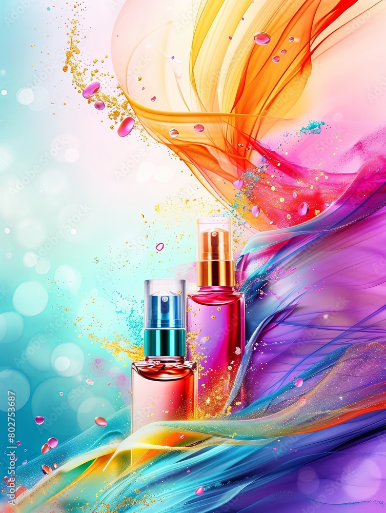 Poster three bottles of perfume are prominently displayed on a vibrant and colorful background, creating a 