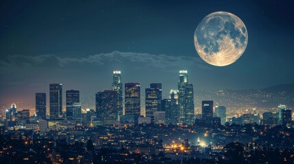 Dramatic cityscape with the moon prominently displayed above skyscrapers, blending urban life with celestial wonder