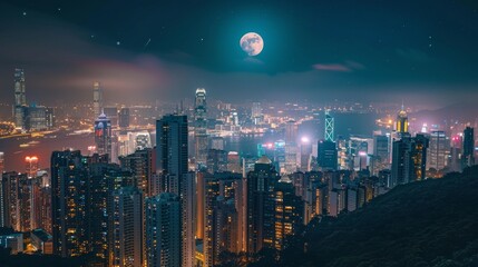 Obraz premium Dramatic cityscape with the moon prominently displayed above skyscrapers, blending urban life with celestial wonder