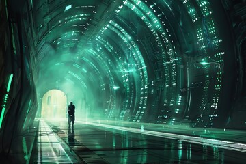 Design a scene where a lone adventurer navigates through a labyrinthine futuristic facility