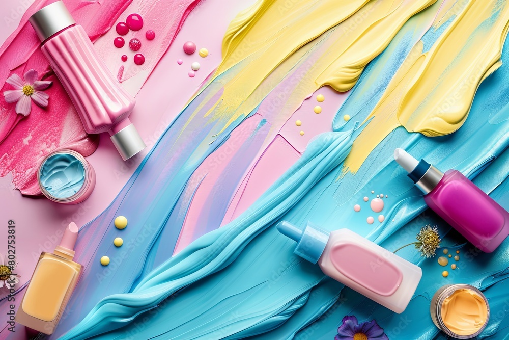 Poster various types of paint arranged on a table in a colorful and vibrant display. generative ai