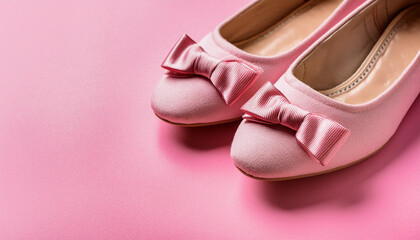 Pink shoes with bows on a pink background
