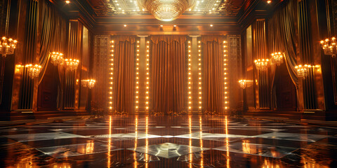 a stage and a spotlight, Golden Stage Spotlights Royal Awards Graphics Background, 
A rotating stage with mirrored panels reflecting the glimmers of overhead crystal chandeliers
