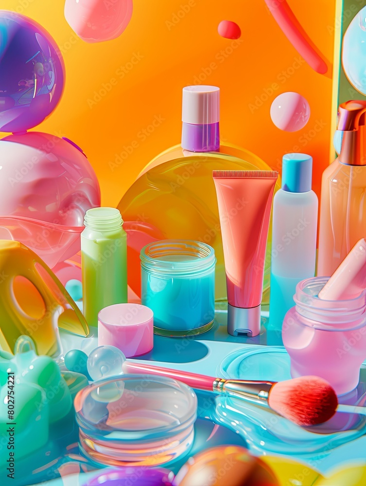 Aufkleber a variety of different types of cosmetics neatly arranged and displayed on a table. generative ai