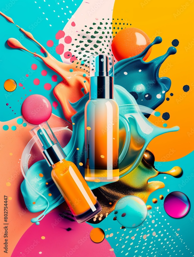 Fototapete a colorful background featuring a bottle of liquid in the center, creating a visually dynamic compos