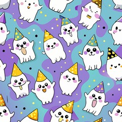 Seamless pattern of cheerful ghost puppies with party hats, Generative AI