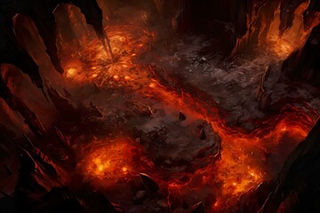 DnD Battlemap cavern, flames, mysterious, fiery, underground, expanse