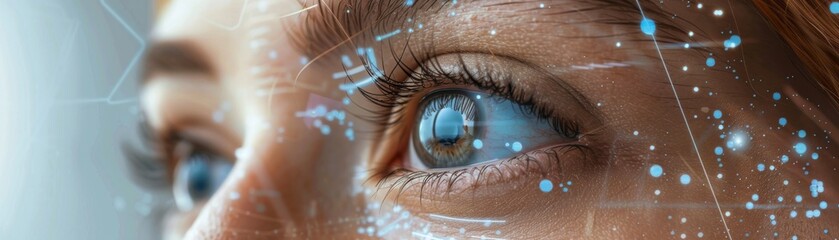 Closeup of a woman s eye with futuristic digital graphics overlay, promoting advanced contact lens technology