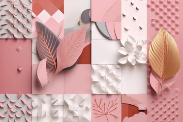 a colorful display of paper with a pink flower on it.