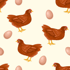 Chicken and eggs seamless pattern. Vector background. Cartoon flat illustration of poultry bird.