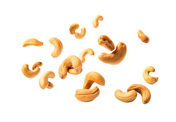 Scattered cashew nuts float on a transparent background. Generative AI