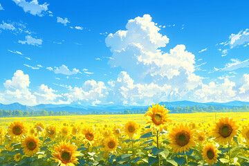 Summer sunflower sea illustration, Beginning of Summer outdoor scenery concept illustration