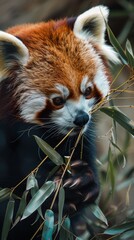 Closeup of a red panda eating bamboo, detailed texture and vibrant color, educational content for nature documentaries
