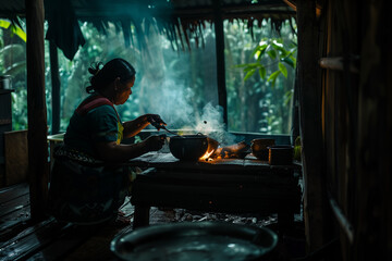A woman is cooking in a kitchen with smoke and a pot on the stove
