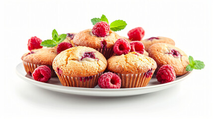 Plate with tasty raspberry muffins on white background