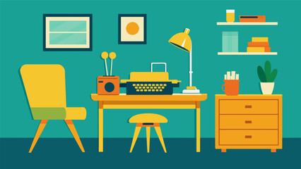 A retroinspired home office with a thrifted desk painted in bright yellow a thrifted midcentury modern chair and a thrifted typewriter.. Vector illustration