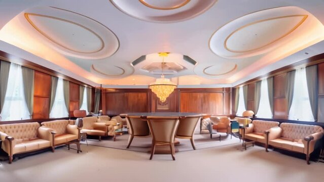 Ornate interior of a high-end restaurant featuring arched windows, wood paneling, intricate ceiling design with chandelier lighting. 