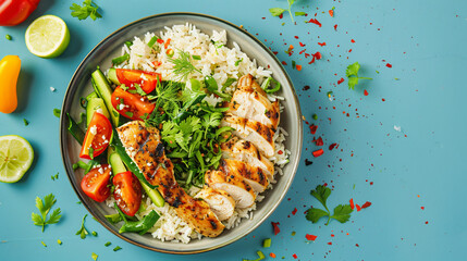 Plate with tasty rice chicken and vegetables on color