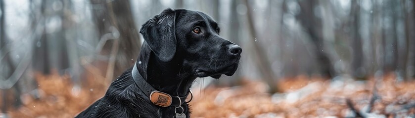 Black dog wearing a custom collar and tag, showcasing personalized pet accessories